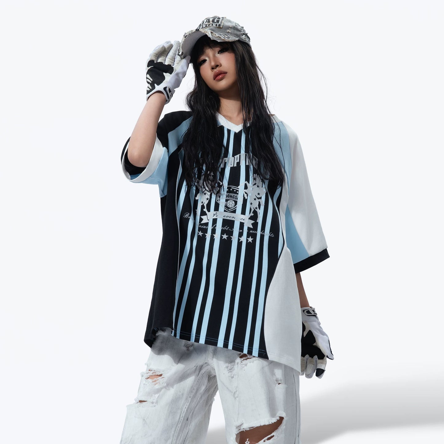 MOGONGSHE American Retro Striped Baseball Jersey T-Shirt Raglan Sleeve Loose Fit