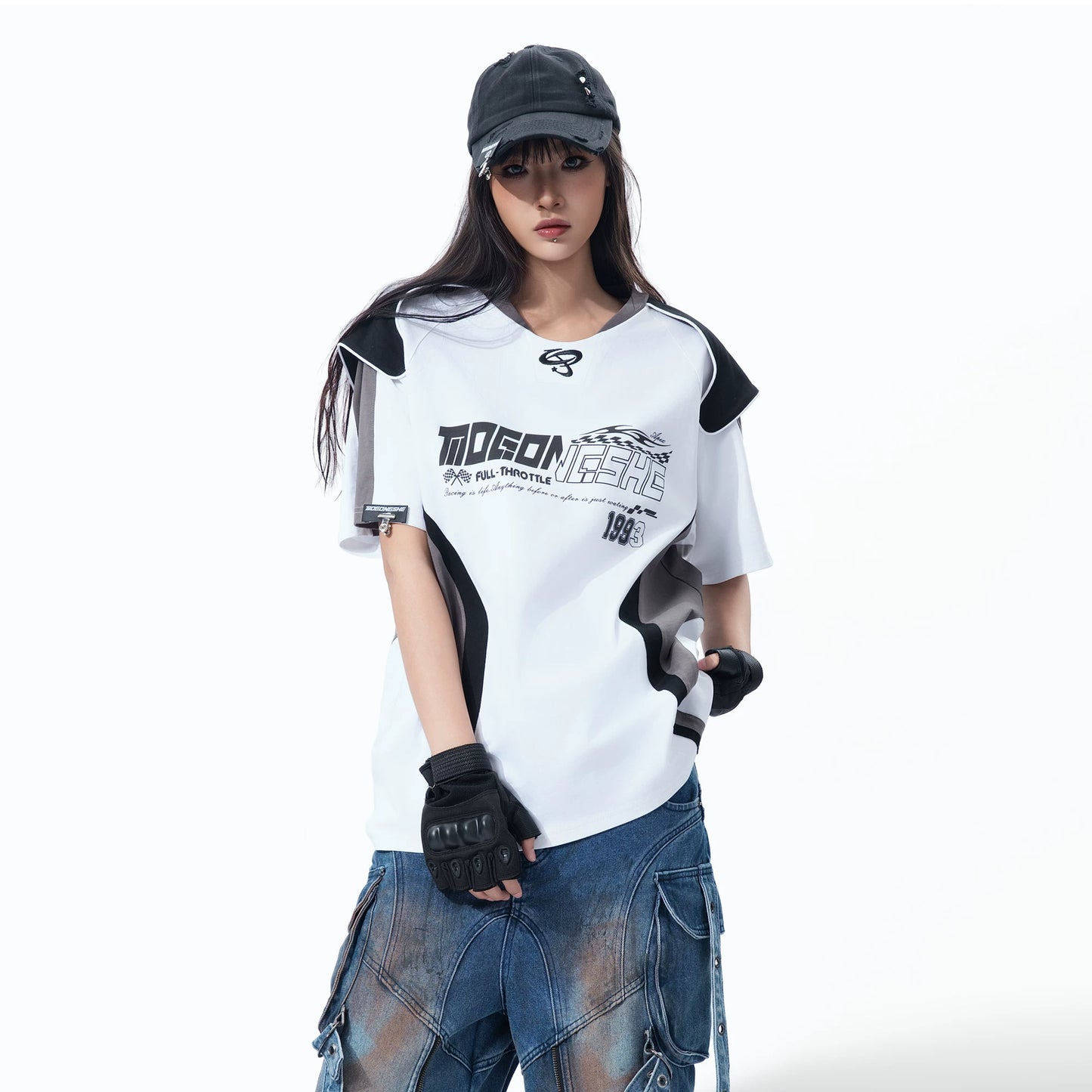 American Retro Racing Style Patchwork Short Sleeve T-Shirt With Shoulder Armor Contrast Color