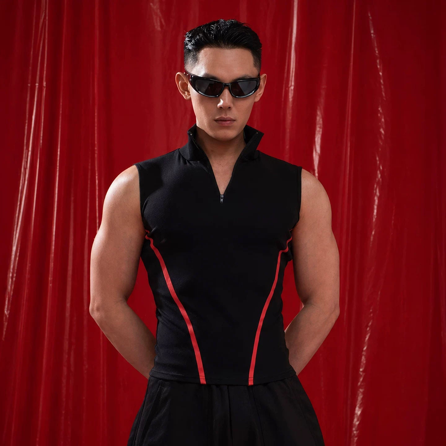 CLP Black Red V-Stripe Stand Collar Zip Sleeveless Polo Vest Men's Slim Fit Muscle Elastic Short Tight