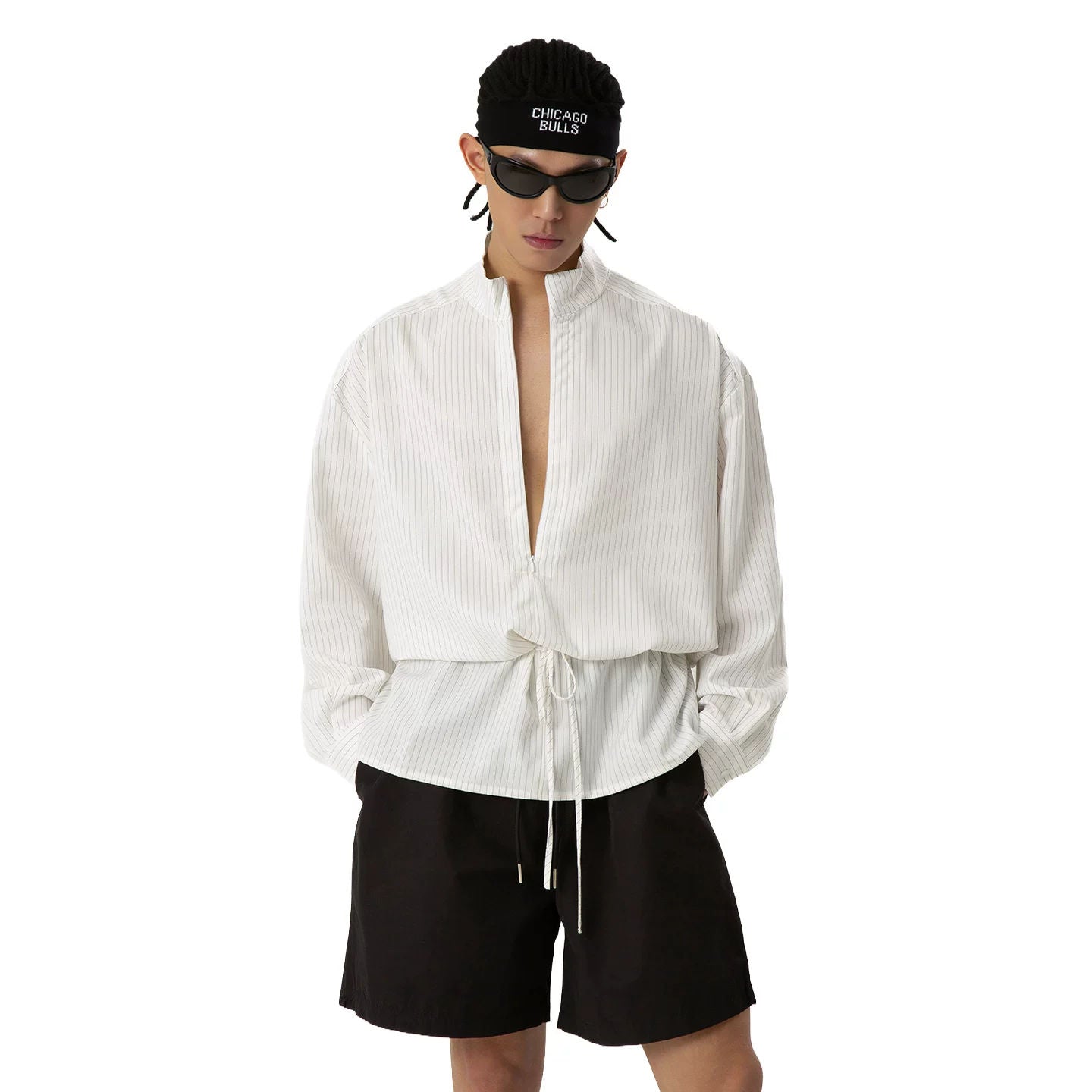 CLP White Drawstring Waist Stripe Shirt Men's Long Sleeve V-Neck Loose Casual Retro