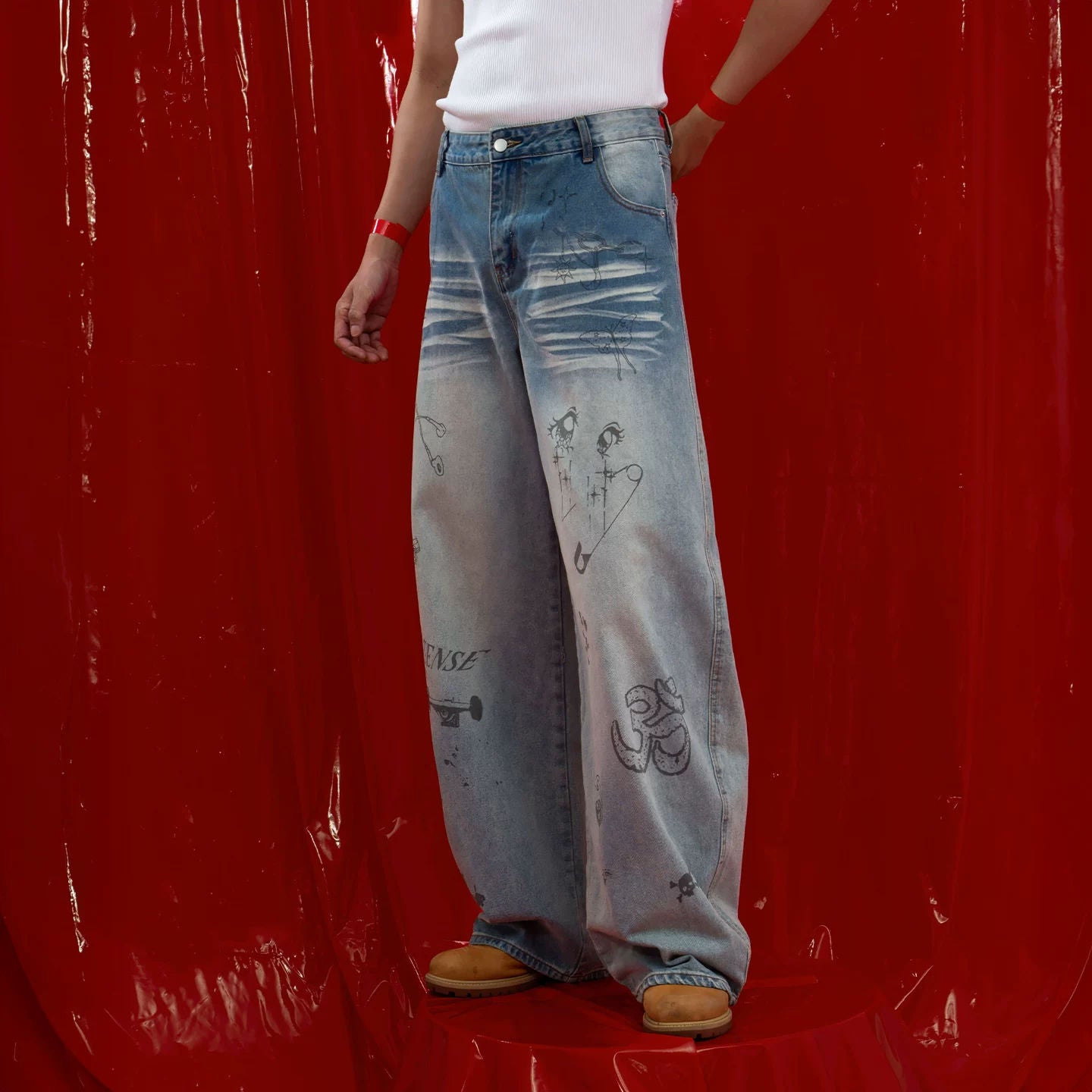 Blue Cartoon Graffiti Print Jeans Men's Loose Straight Retro Washed Gradient Casual Streetwear