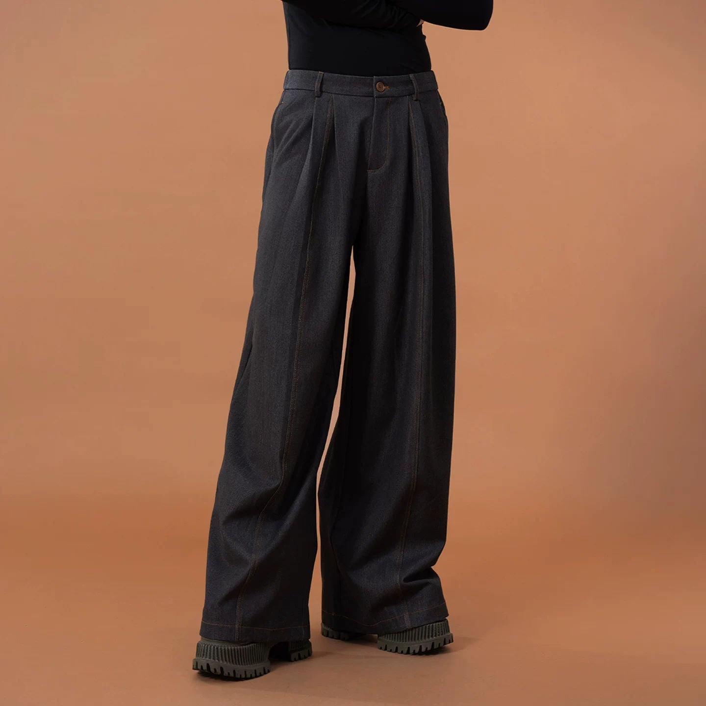 CLP Gray Denim Texture Casual Pants Pleated Trousers Men's Loose Straight Wide Leg Retro Elastic Waist