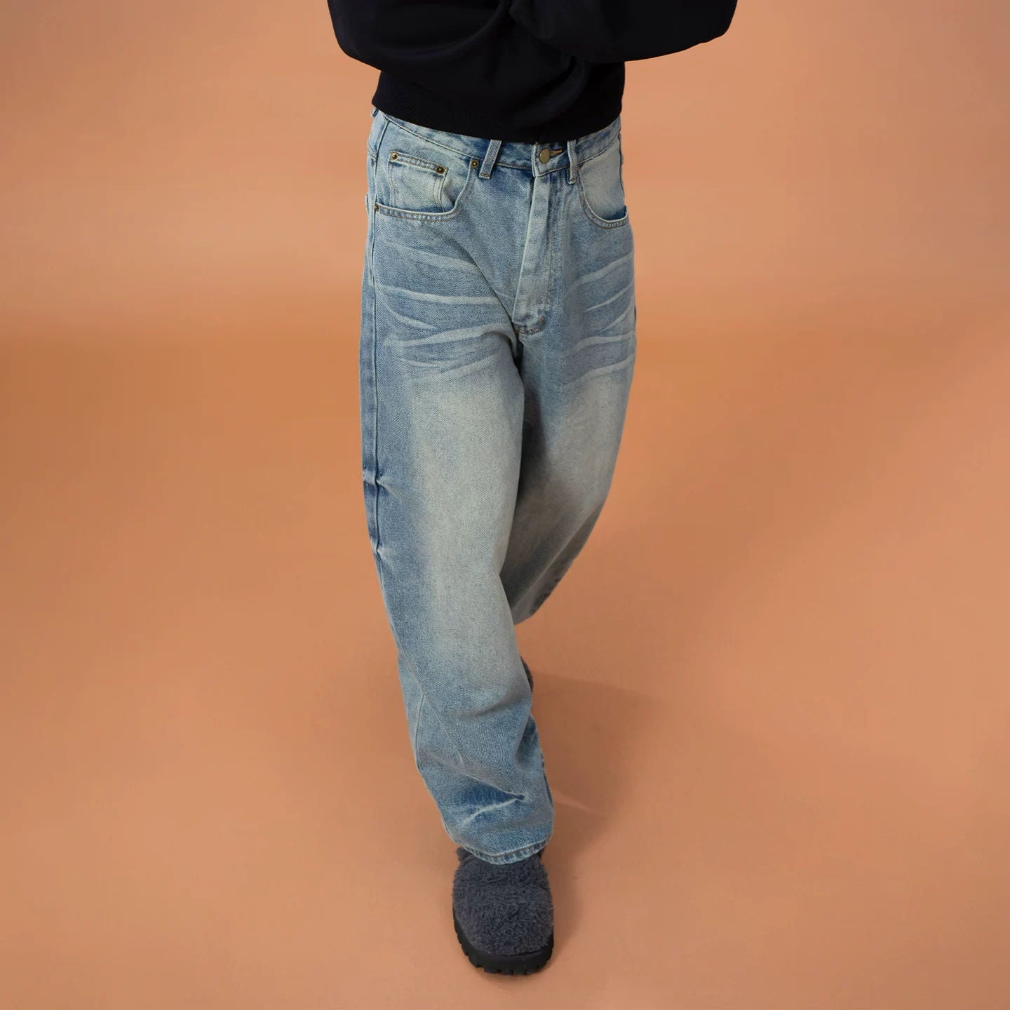 CLP Blue Crease Print Design Jeans Men Loose Wide Leg Straight Retro Casual Washed Curved Knife Pants