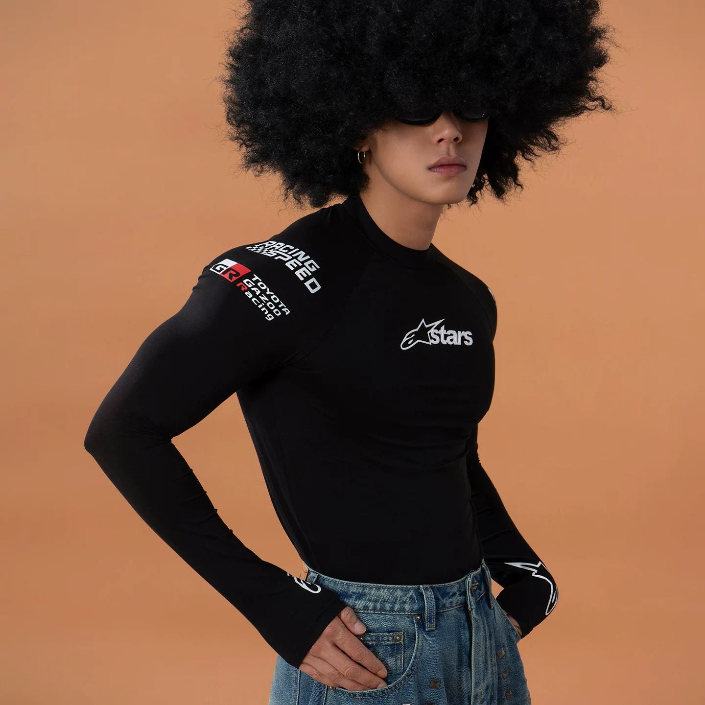 CLP Black Racing Print Tight Long Sleeve T-Shirt Men's Slim Fit Hollow Breathable Casual Y2K