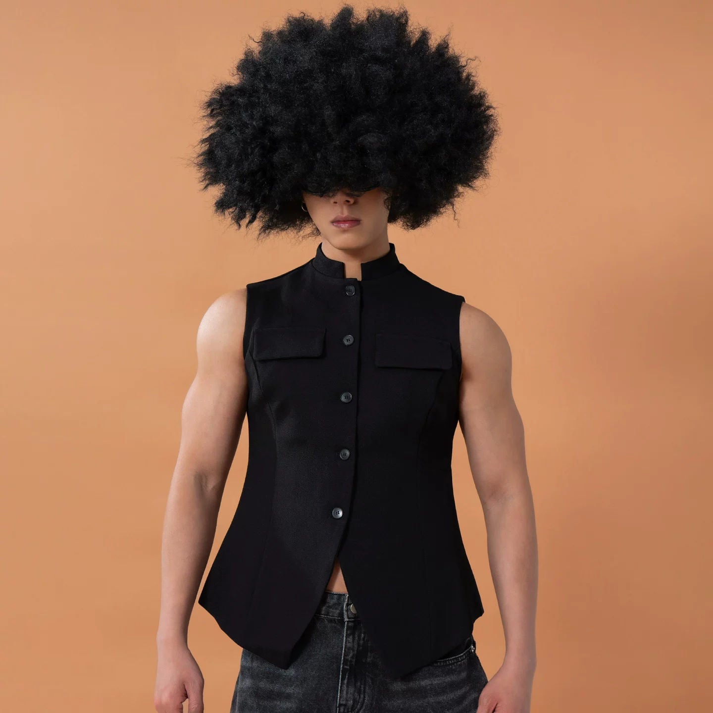 CLP Black Slim Stand Collar Chinese Tunic Vest Men's Women's Retro Short