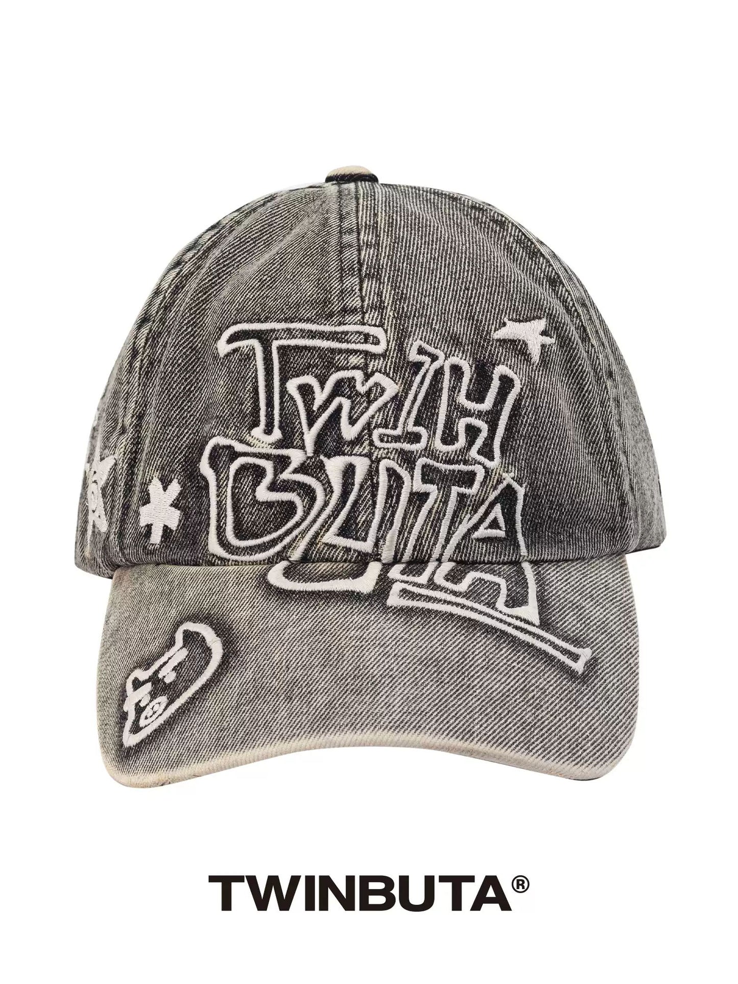 TWINBUTA Washed Gray Denim Embroidered Baseball Cap
