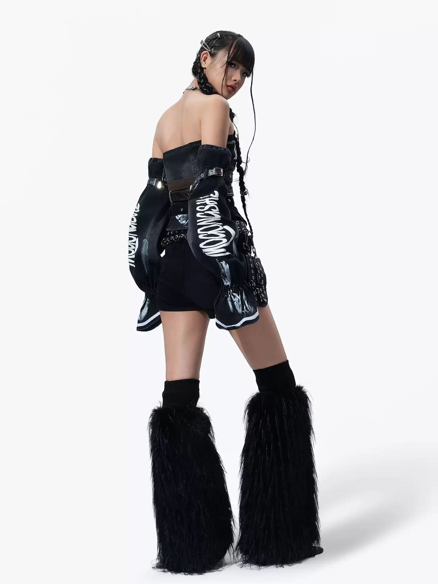 MOGONGSHE American Retro Sexy Tube Top Crop Top Letter Pattern Denim Bustier Set