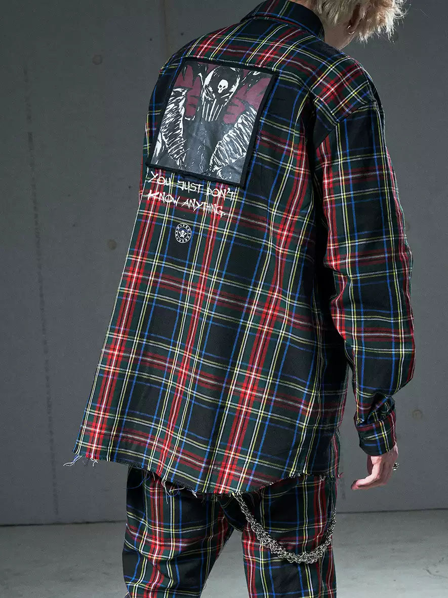 VENTUREK Punk Rock Washed Patchwork Print Long Plaid Shirt Casual Loose
