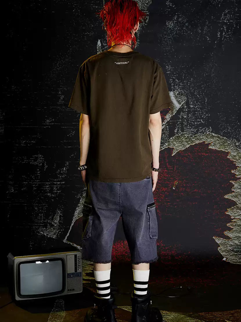VENTUREK Crack Print Punk Washed Short Sleeve T-Shirt Men's Summer Streetwear