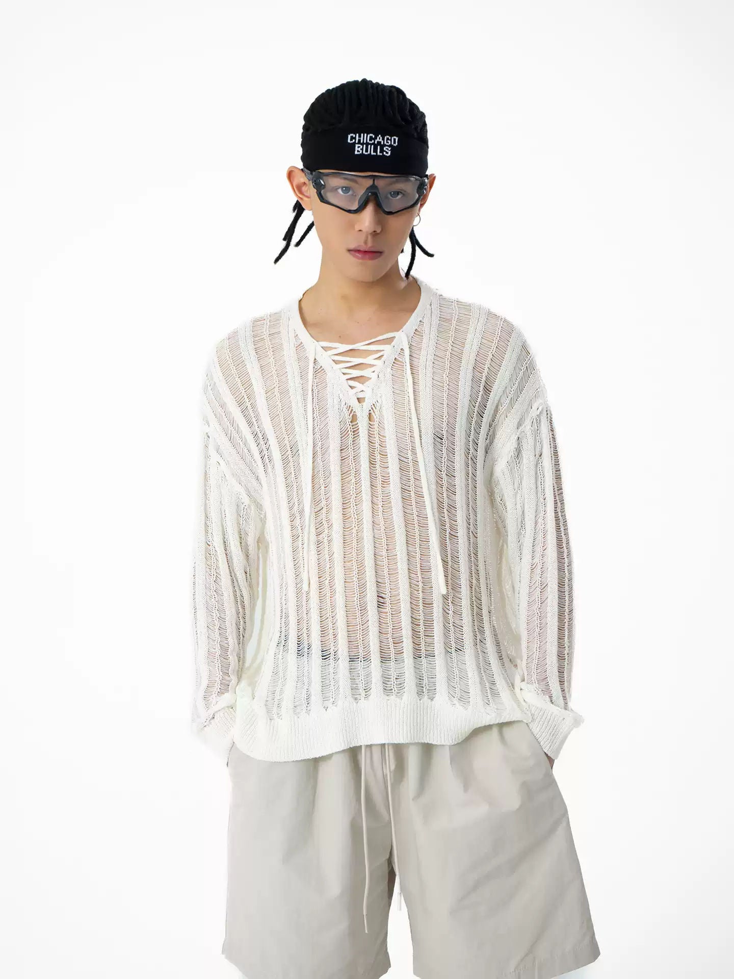 CLP Black White Knitted Hollow Out T-Shirt Men's Long Sleeve Loose Breathable Thin Mesh Striped Streetwear