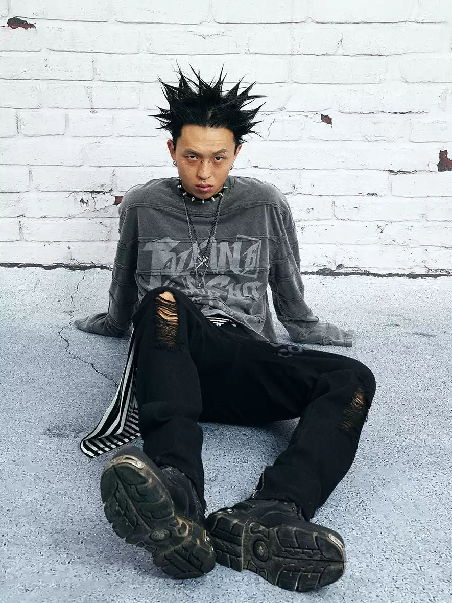VENTUREK Vintage Deconstructed Punk Rock Washed Gray Patchwork Distressed Printed Long Sleeve T-Shirt