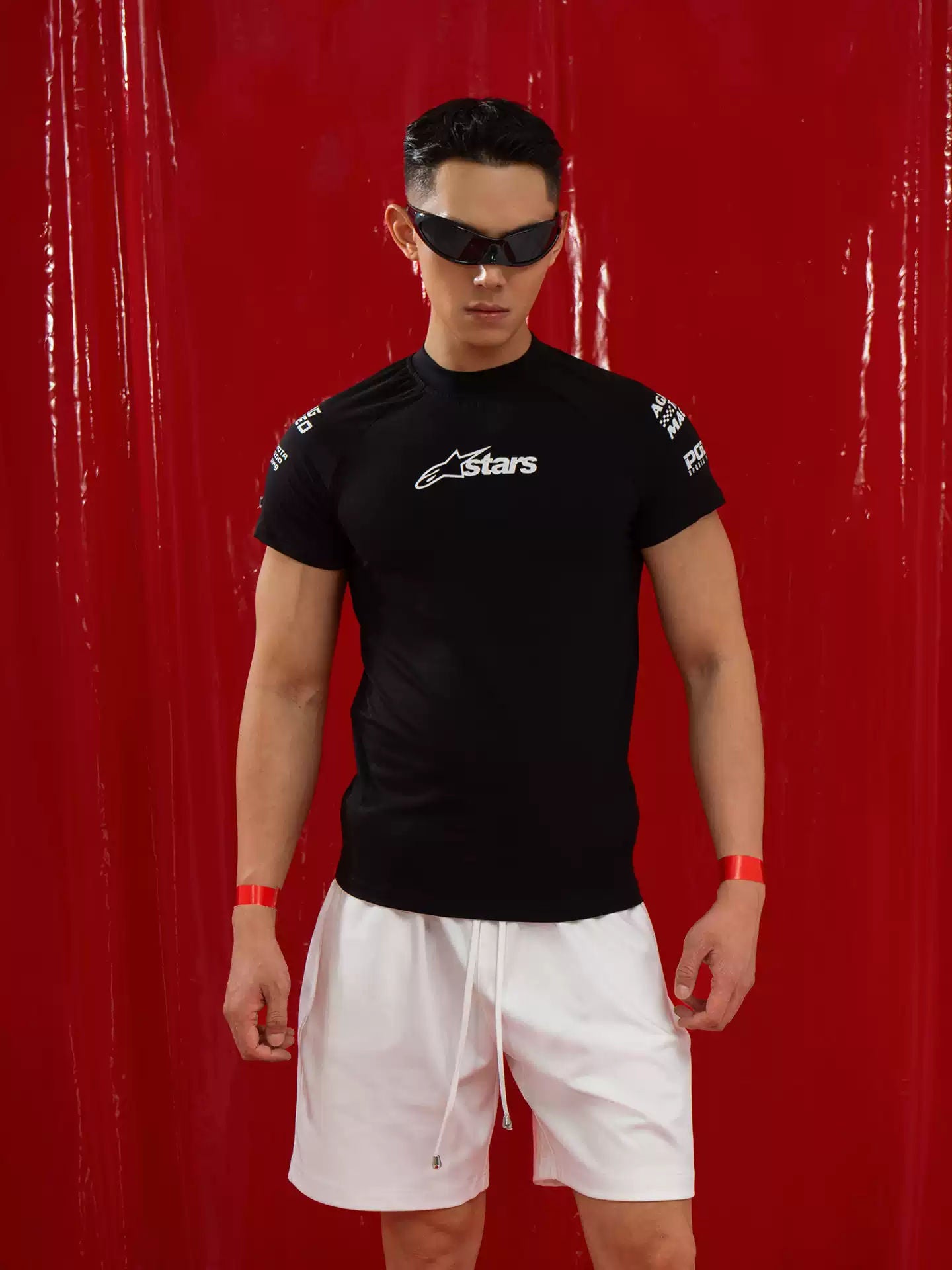 CLP Black Racing Letter Print Sport Slim Fit Short Sleeve T-Shirt Men's Stretchy Casual Fitness Top Breathable