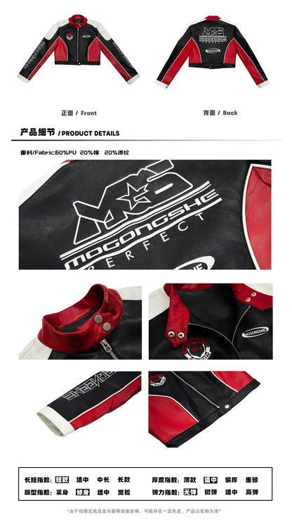 Fitted Short PU Leather Moto Jacket — Embroidered Streetwear - Photo 3