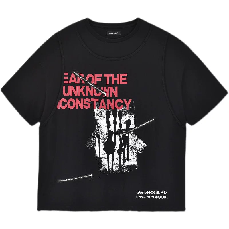 VENTUREK Punk Rock Deconstructed Zipper Letter Print Layered Short Sleeve T-Shirt Men's Streetwear