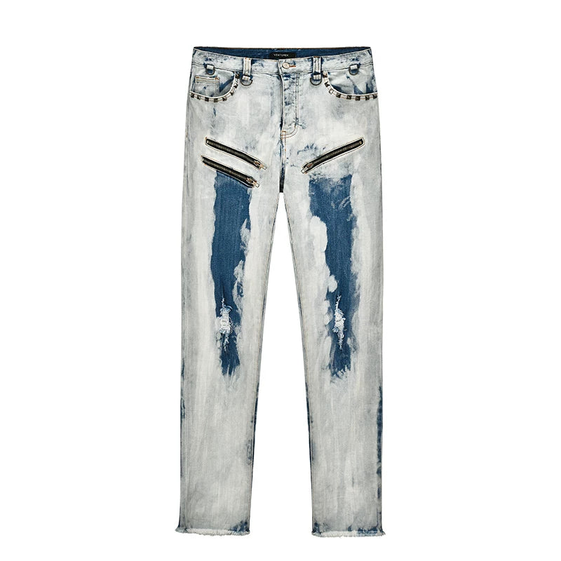 Venturek Vintage Punk Rivet Zipper Distressed Washed Frayed Slim Jeans Men