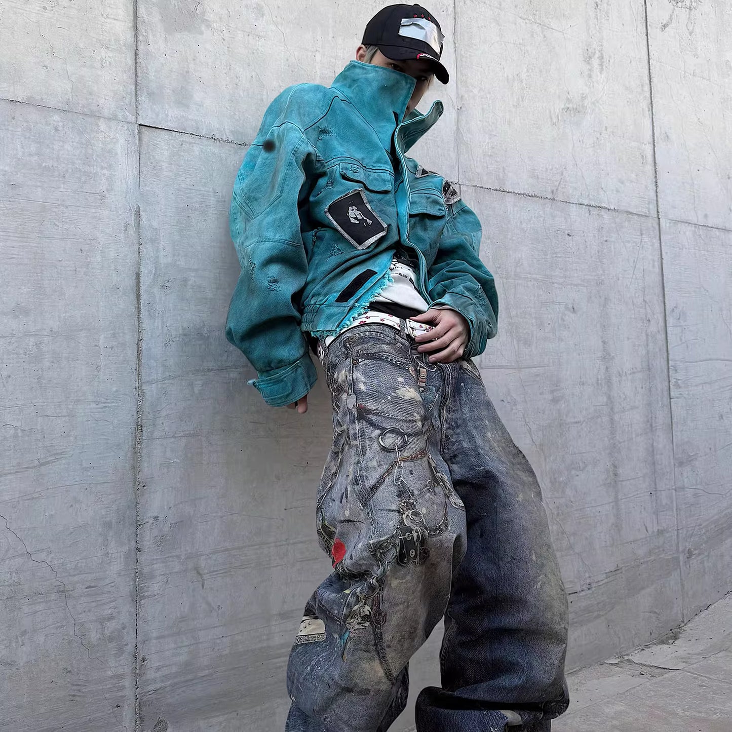 Tiffany Blue Distressed Patchwork Jacket