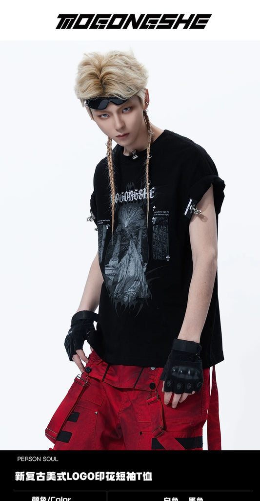 Premium Washed Short Sleeve T-Shirt — Letter Print Streetwear - Black S