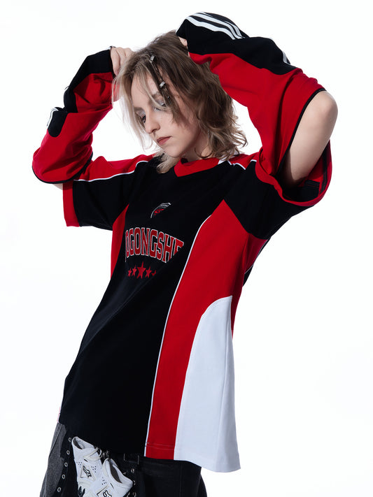Vintage Moto Patchwork Embroidered Removable Sleeve Oversized T-Shirt