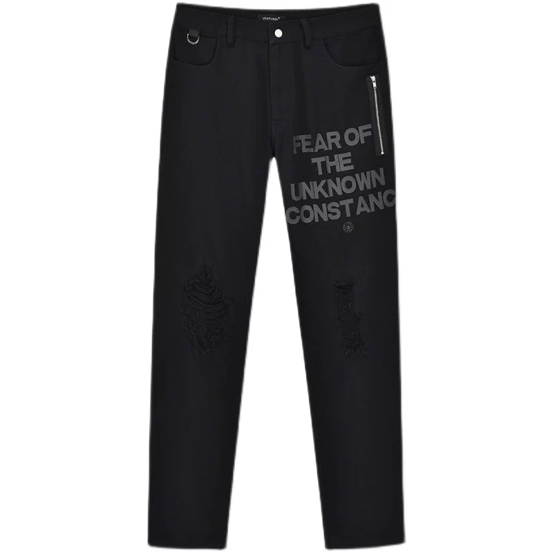 VENTUREK Punk Rock Destroyed Zip Design Casual Slim Fit Washed Black Pants