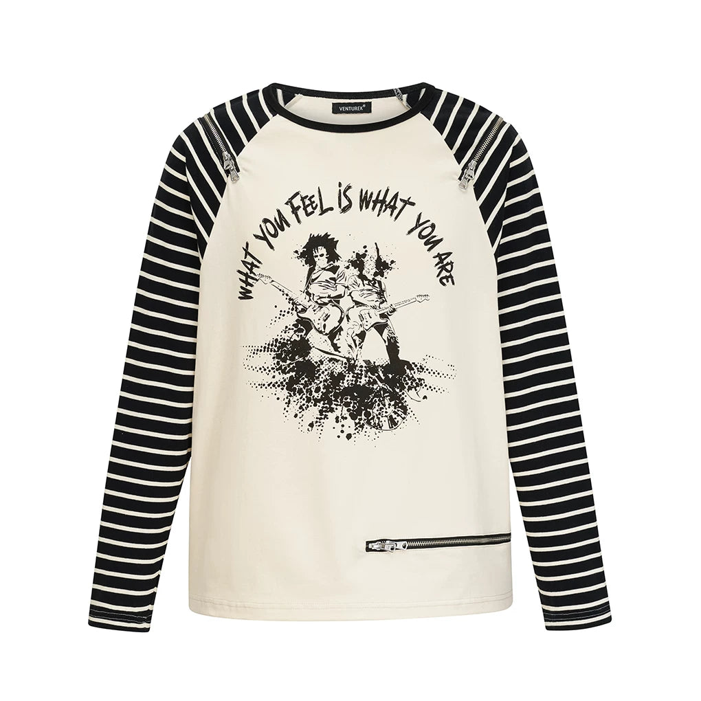 VENTUREK Punk Rock Zipper Casual Loose Striped Print Raglan Long Sleeve T-Shirt