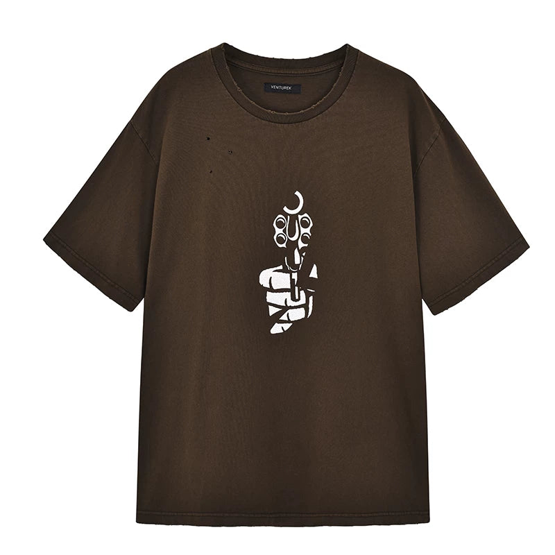 VENTUREK Crack Print Punk Washed Short Sleeve T-Shirt Men's Summer Streetwear