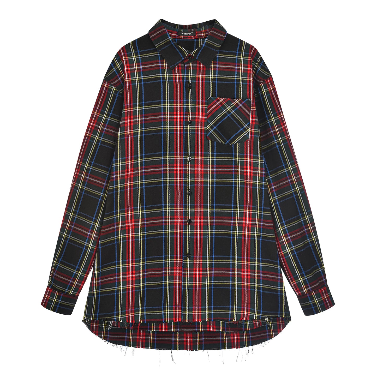 VENTUREK Punk Rock Washed Patchwork Print Long Plaid Shirt Casual Loose