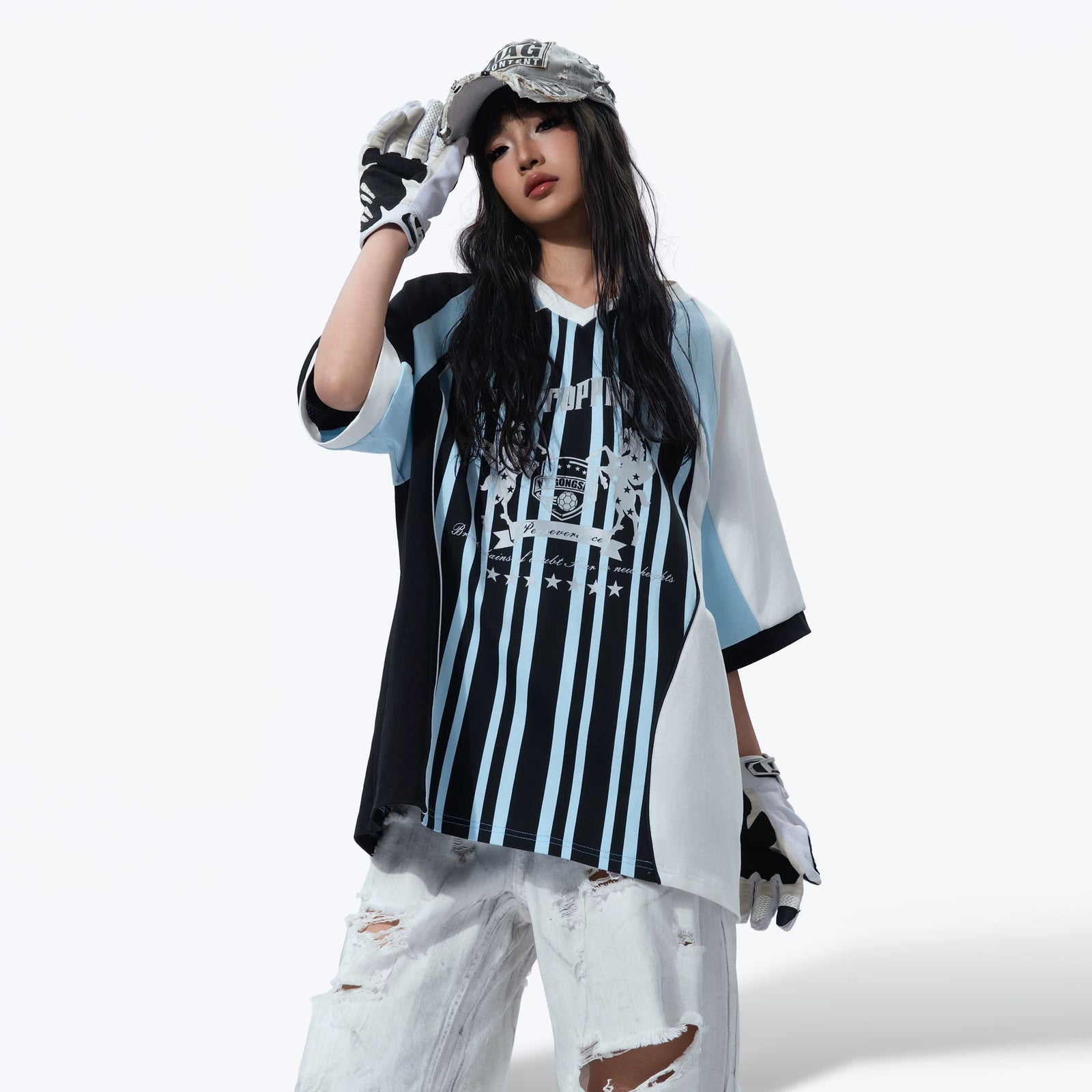 MOGONGSHE American Retro Striped Baseball Jersey T-Shirt Raglan Sleeve Loose Fit