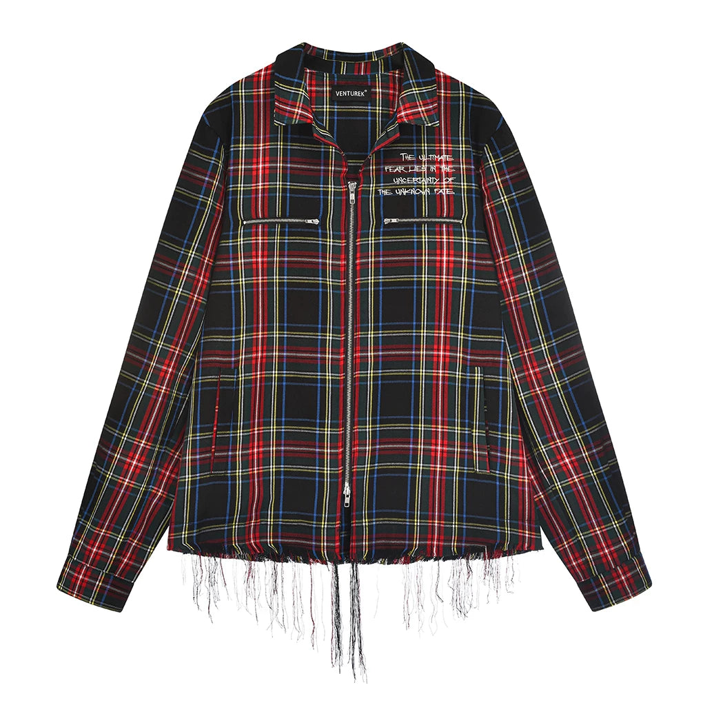 VENTUREK Punk Rock Distressed Fringe Plaid Lapel Jacket