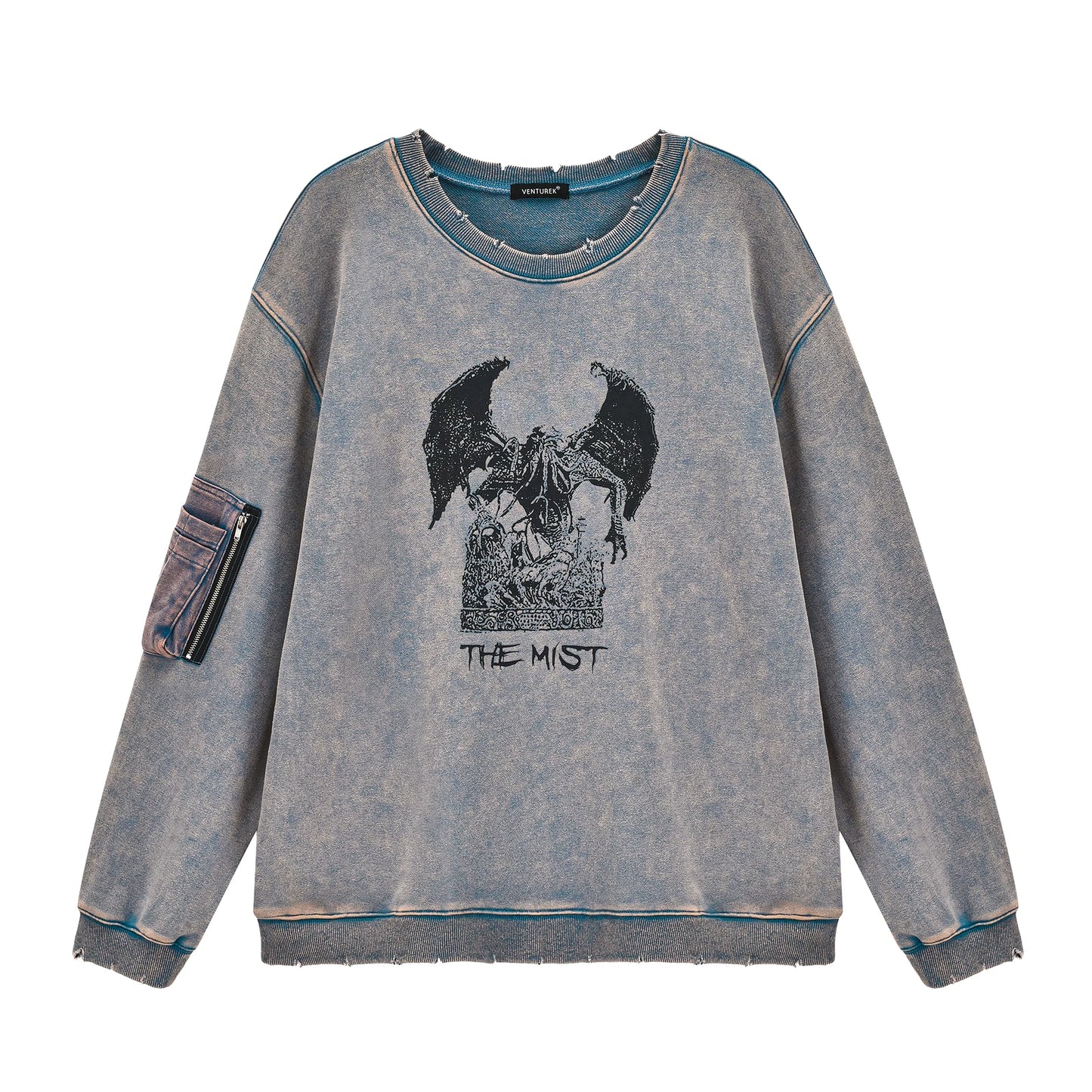 VENTUREK Punk Rock Hip Hop Destroyed Relaxed Casual Print Washed Crew Neck Pullover Hoodie