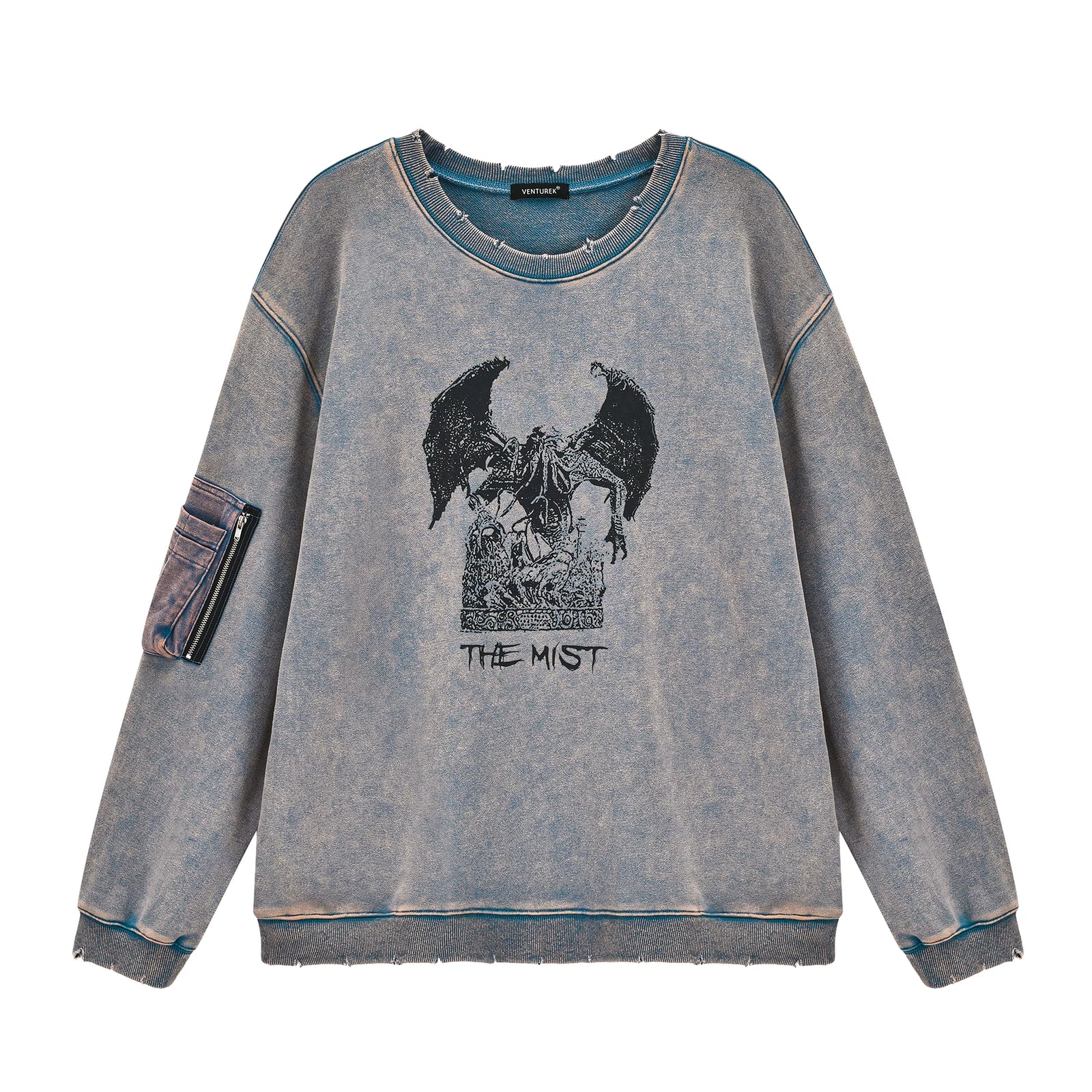 VENTUREK Punk Rock Hip Hop Destroyed Relaxed Casual Print Washed Crew Neck Pullover Hoodie