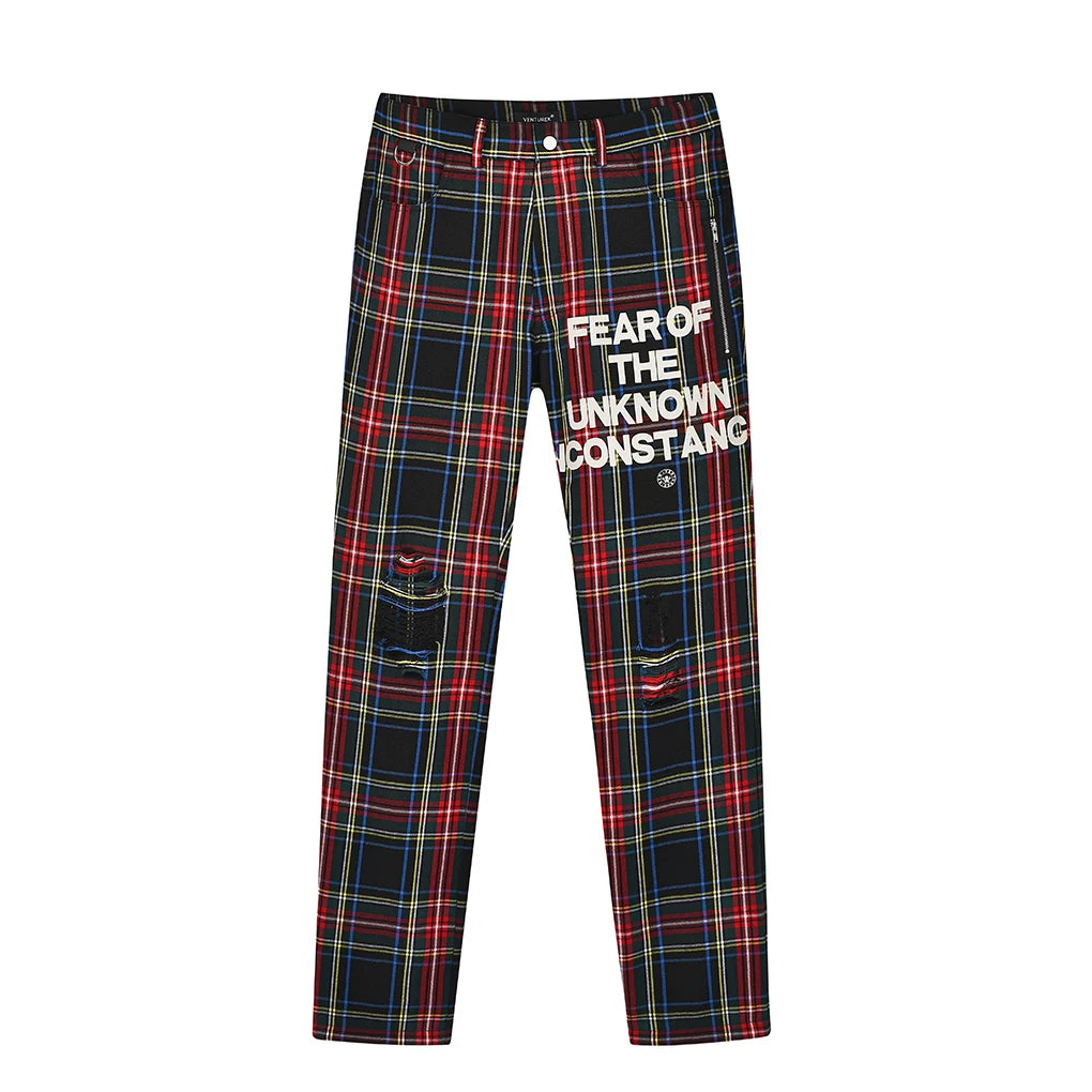 VENTUREK Punk Rock Zipper Design Casual Slim Fit Plaid Trousers