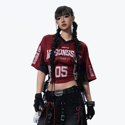 Jersey-Style V-Neck Colorblock Short-Sleeve Crop Tee