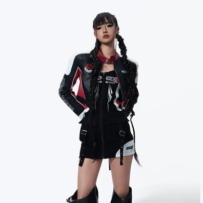 Fitted Short PU Leather Moto Jacket — Embroidered Streetwear