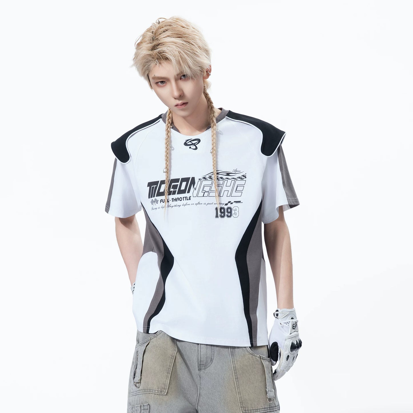 American Retro Racing Style Patchwork Short Sleeve T-Shirt With Shoulder Armor Contrast Color