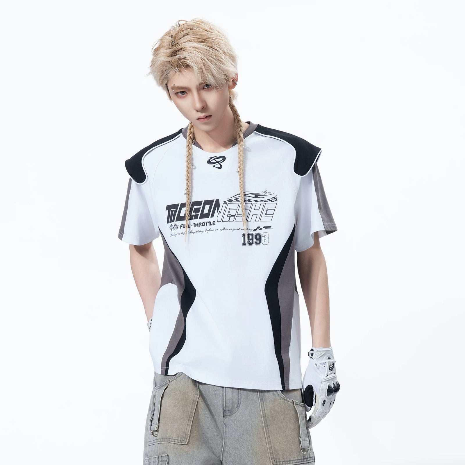 American Retro Racing Style Patchwork Short Sleeve T-Shirt With Shoulder Armor Contrast Color