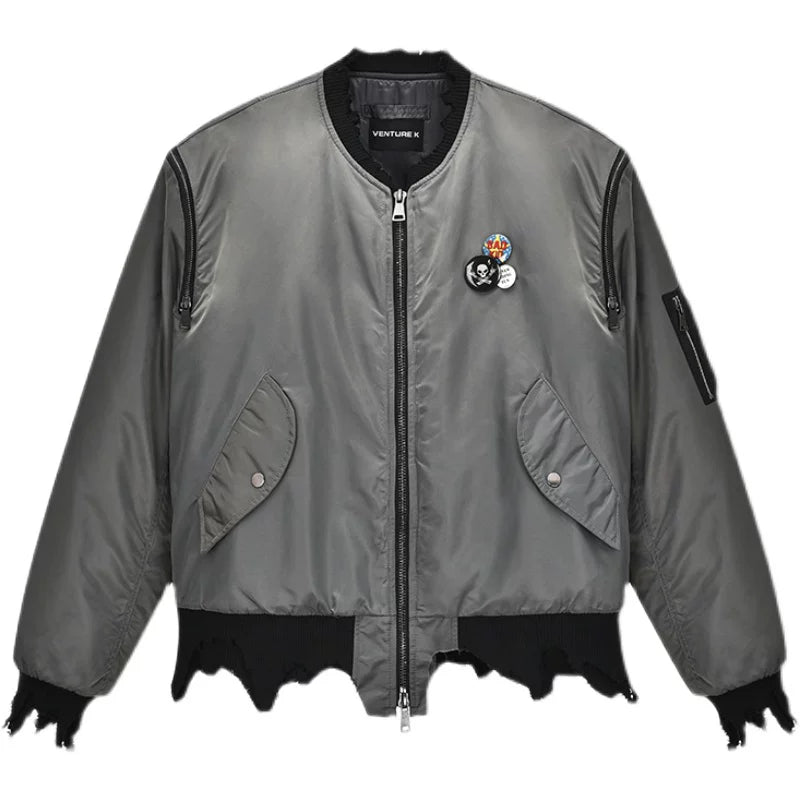 VENTUREK Vintage Punk Zipper Distressed Quilted Bomber Jacket Men's Loose Fit Winter MA1