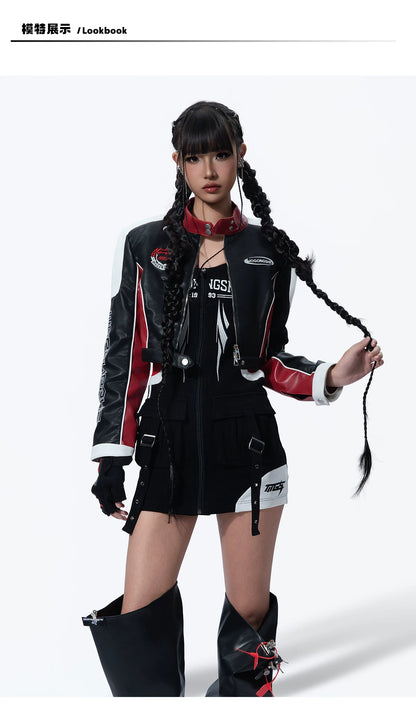 Fitted Short PU Leather Moto Jacket — Embroidered Streetwear - Photo 5