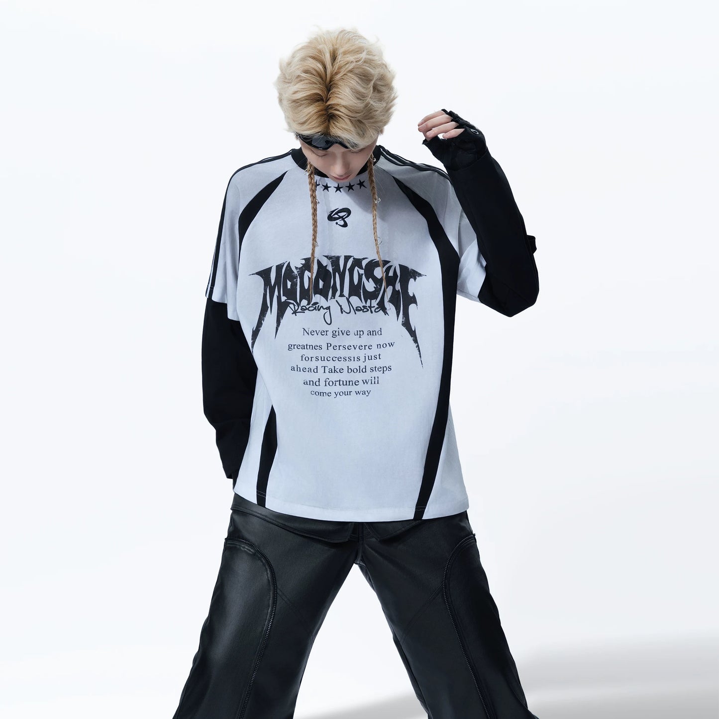 Dark Colorblock Long-Sleeve T-Shirt — Distressed Logo Print