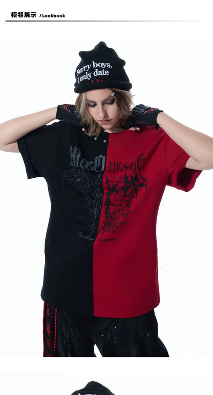 Black Red Patchwork Washed Short Sleeve T-Shirt — Colorblock Streetwear - Photo 4