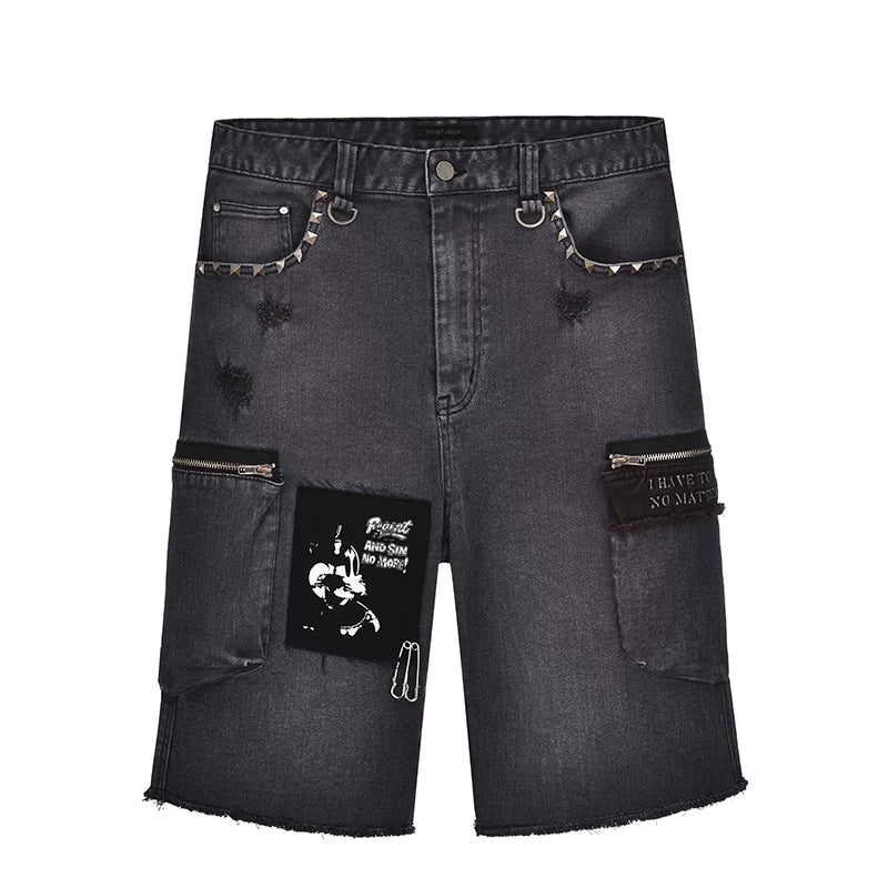 Venturek Vintage Washed Distressed Frayed Denim Shorts Men's Loose Five-Pocket Casual Summer