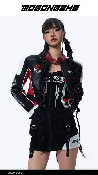 Fitted Short PU Leather Moto Jacket — Embroidered Streetwear - Black S