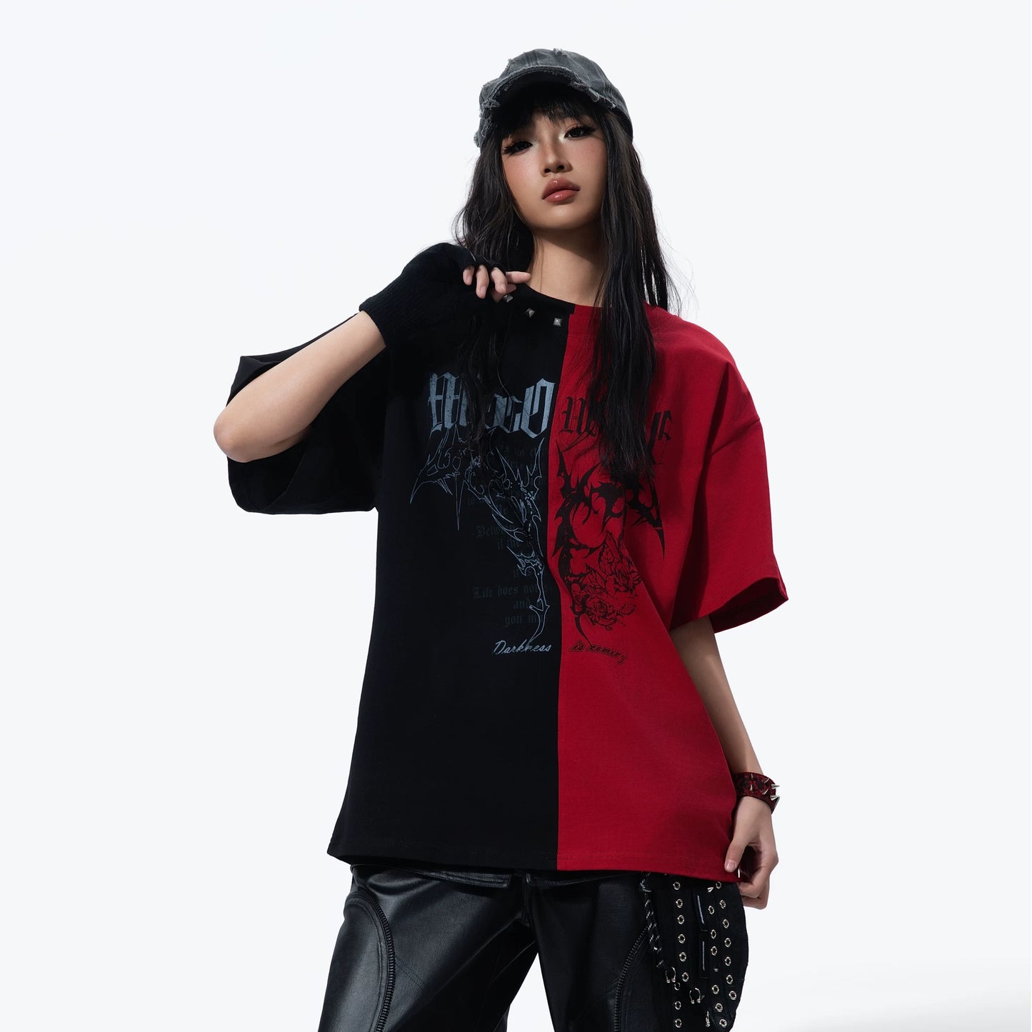 Black Red Patchwork Washed Short Sleeve T-Shirt — Colorblock Streetwear