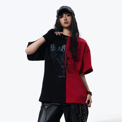 Black Red Patchwork Washed Short Sleeve T-Shirt — Colorblock Streetwear