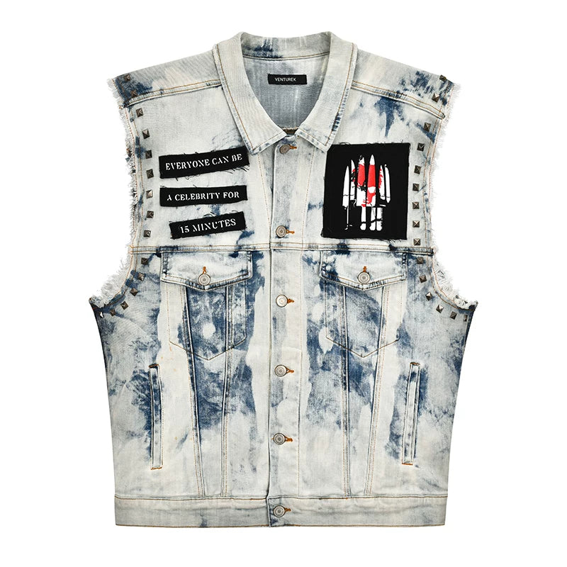 Venturek Vintage Washed Distressed Frayed Denim Vest Men's Loose Fit