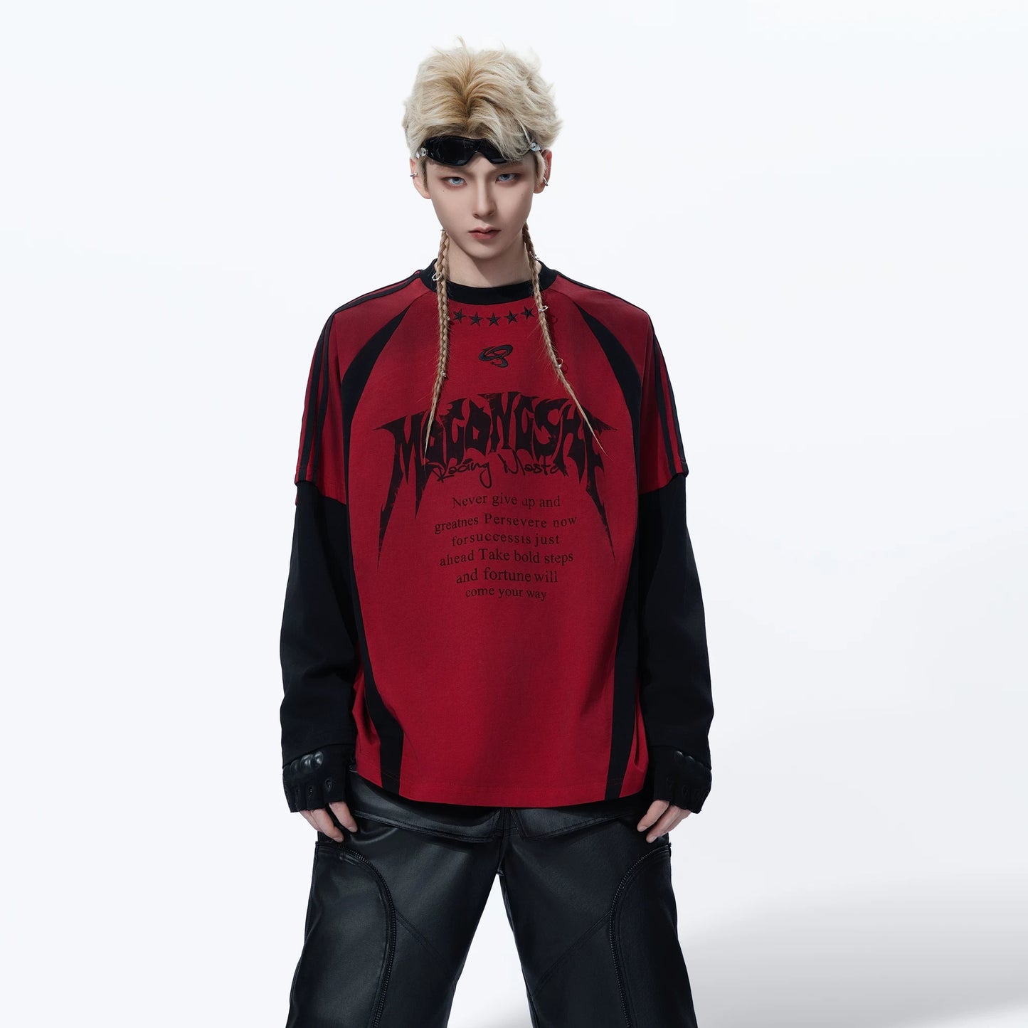 MOGONGSHE Dark Street Style Contrast Color Long Sleeve T-Shirt With Patchwork Distressed Print Logo
