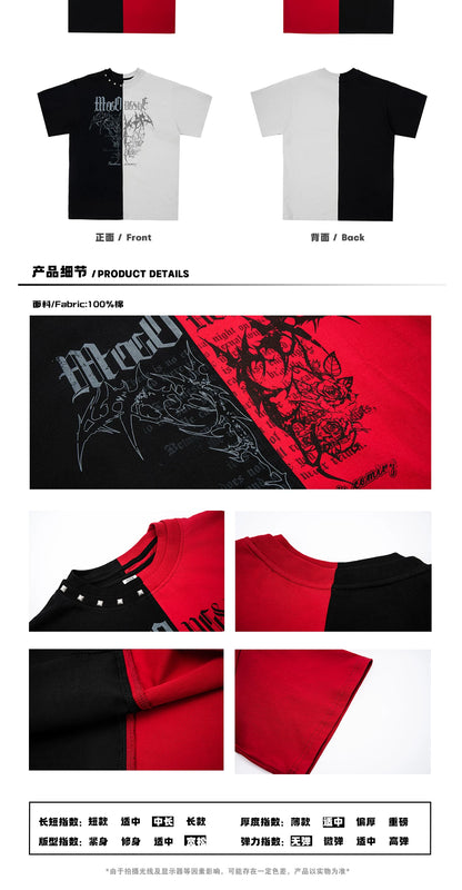 Black Red Patchwork Washed Short Sleeve T-Shirt — Colorblock Streetwear - Photo 3