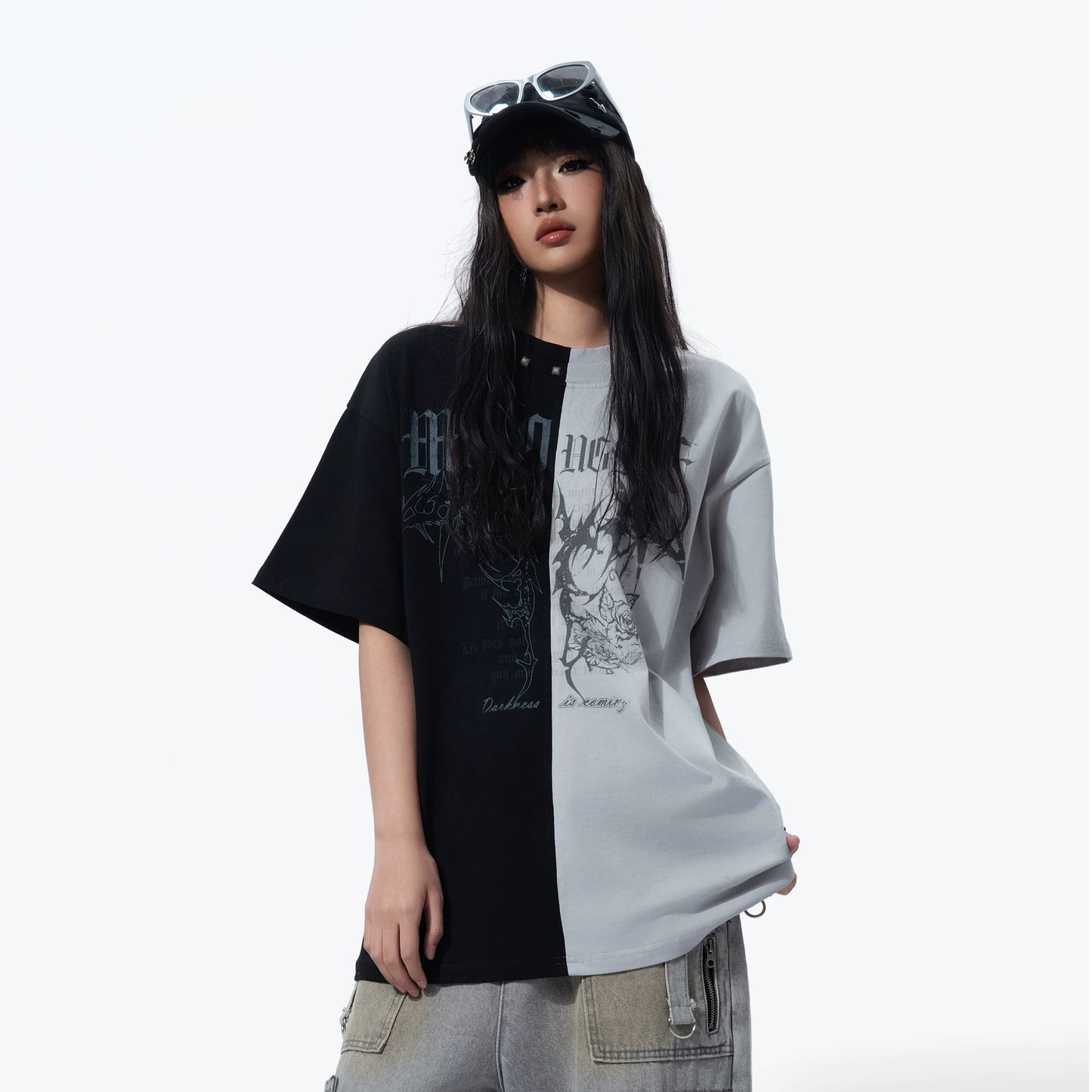 Black Red Patchwork Washed Short Sleeve T-Shirt — Colorblock Streetwear