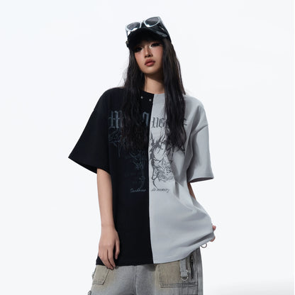 Black Red Patchwork Washed Short Sleeve T-Shirt — Colorblock Streetwear