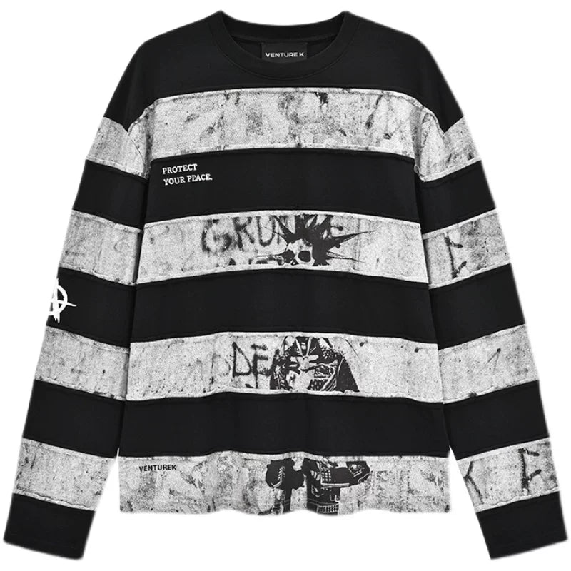 VENTUREK Deconstructed Punk Rock Patchwork Embroidery Long Sleeve T-Shirt Men's Streetwear