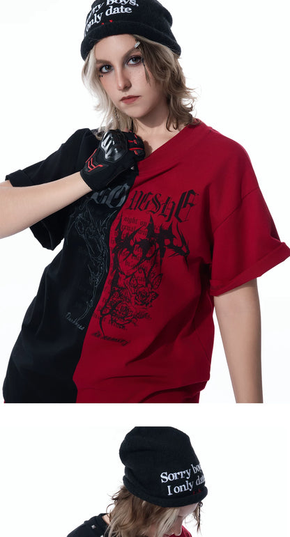 Black Red Patchwork Washed Short Sleeve T-Shirt — Colorblock Streetwear - Photo 5